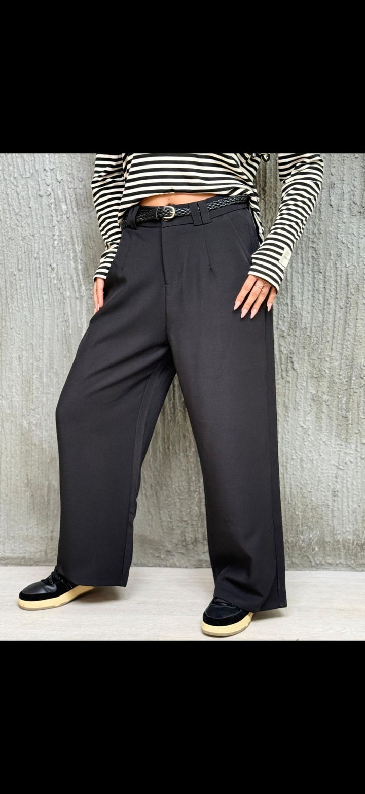 מכנס אלגנט רחב שילוב חגורת צמה