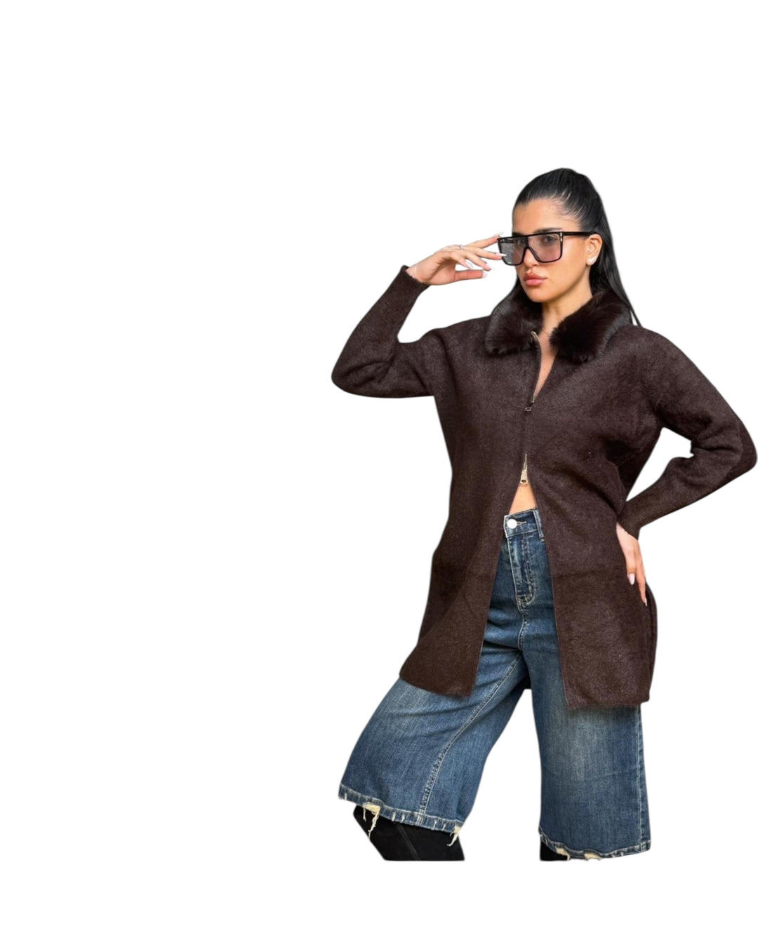 טוניקה סריג שילוב צווארון פרווה