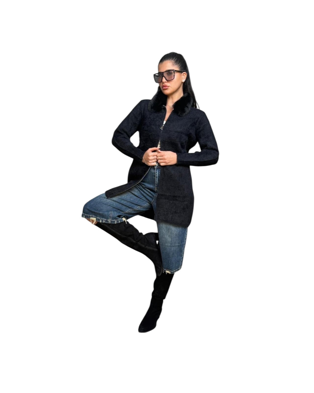 טוניקה סריג שילוב צווארון פרווה