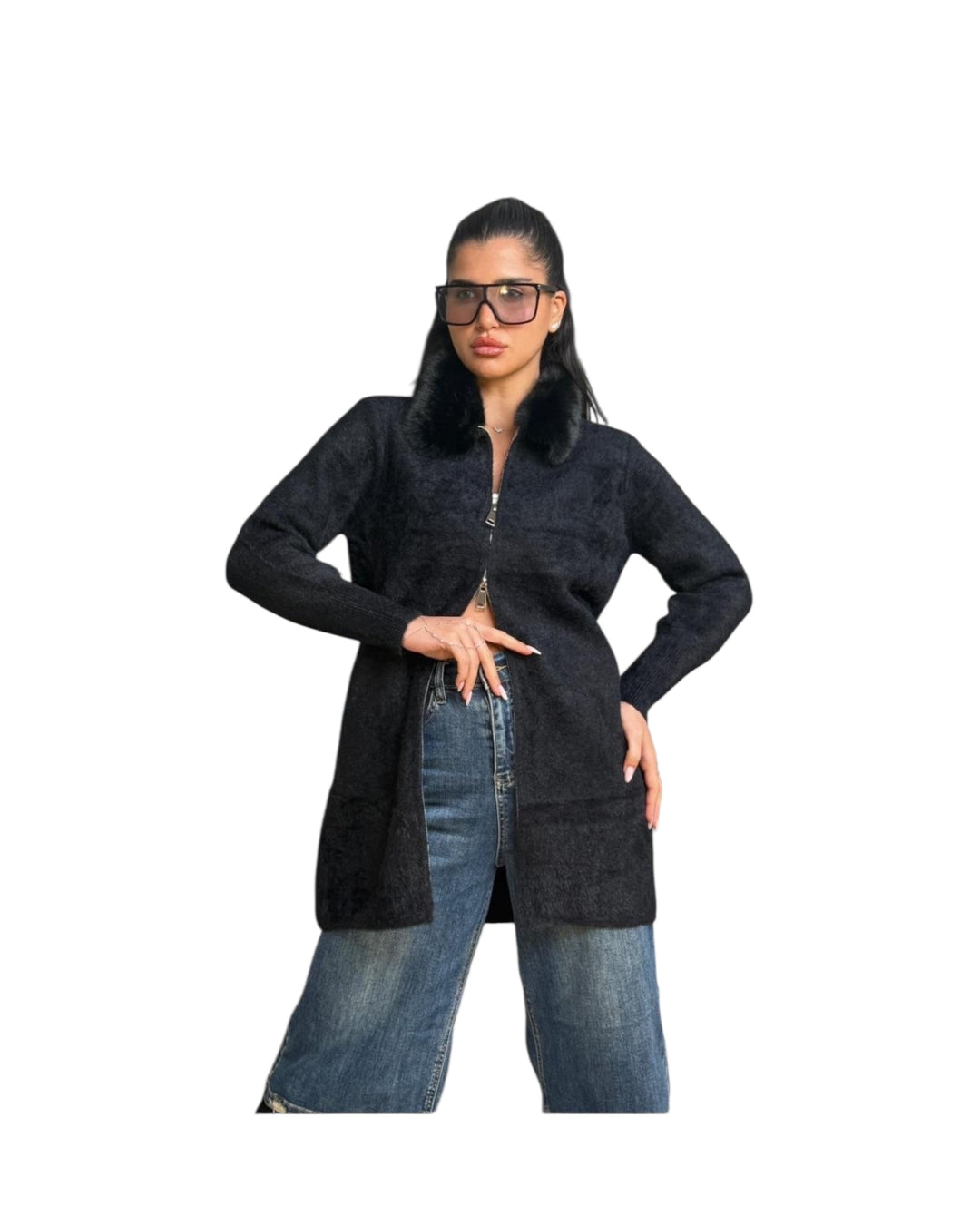 טוניקה סריג שילוב צווארון פרווה